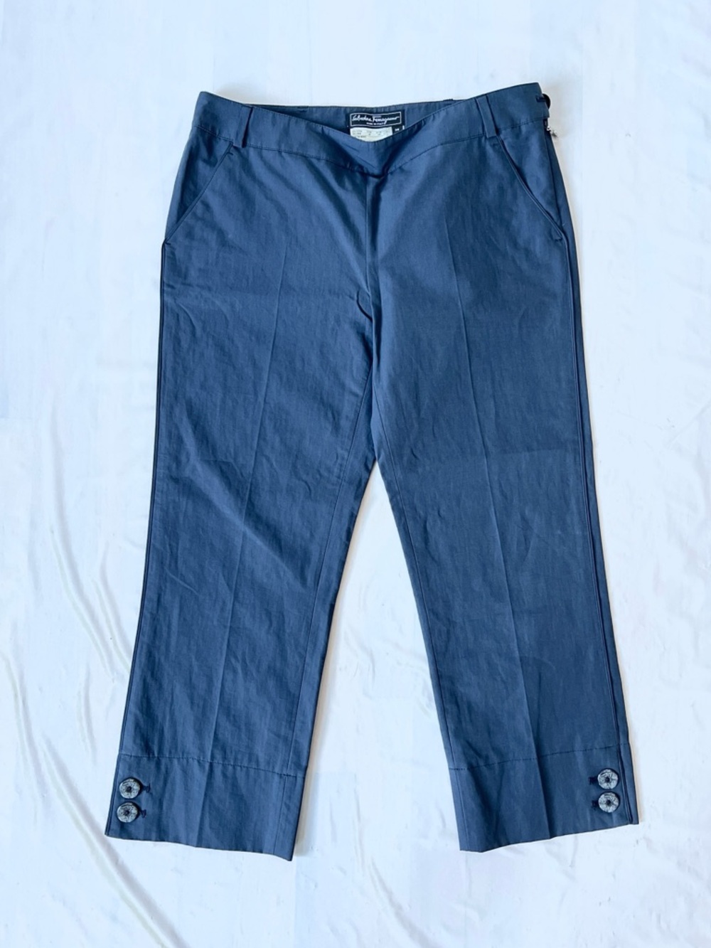 Salvatore Ferragamo Navy Blue Cotton Linen Cropped pants Gancini Zipper Sz IT38